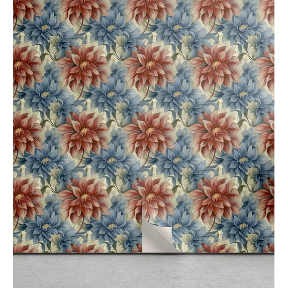 Ambesonne, Vintage Floral Peel & Stick Wallpaper for Home, Nostalgic Petals Art, 13"x100", Blue Grey Pale Maroon