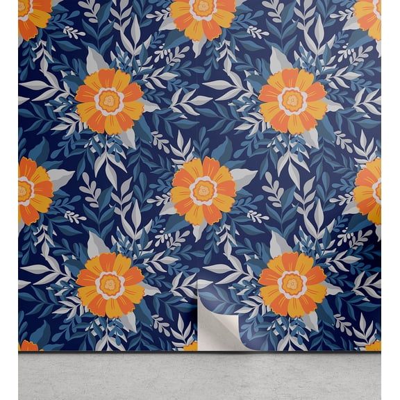 Ambesonne Vintage Floral Peel & Stick Wallpaper for Home, Orange Flowers Plot, 13"x36", Burnt Sienna and Slate Blue