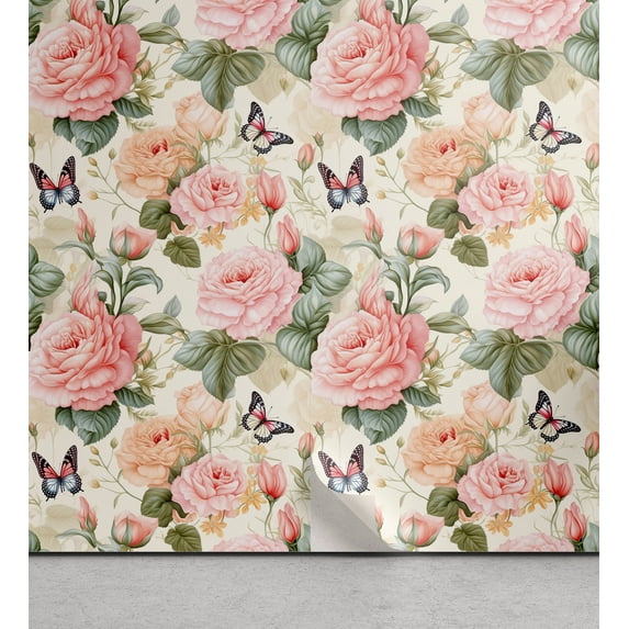 Ambesonne Vintage Floral Peel & Stick Wallpaper for Home, Pastel Glance Roses, 13"x36", Ivory Blush Peacock Green