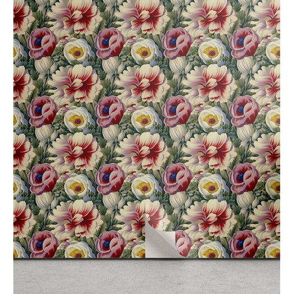 Ambesonne Vintage Floral Peel & Stick Wallpaper for Home, Poppy and Anemone, 13"x100", Reseda Green Pink and Ivory