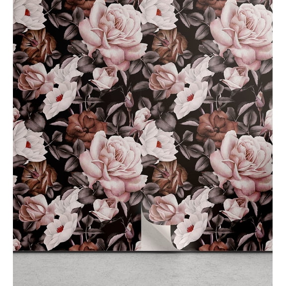 Ambesonne Vintage Floral Peel & Stick Wallpaper for Home, Soft Roses Dark Leaf, 13"x36", Blush Brown Taupe Grey