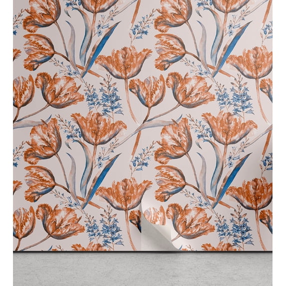 Ambesonne Vintage Floral Peel & Stick Wallpaper for Home, Watercolor Hyacinth, 13"x72", Burnt Orange Dark Violet