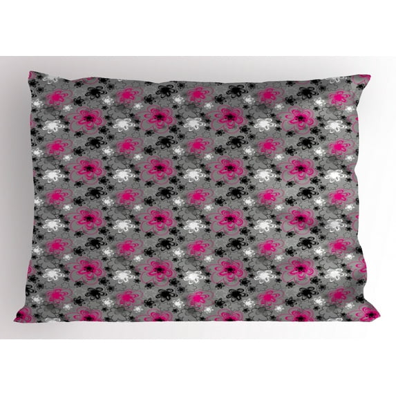 Ambesonne Vintage Floral Pillow Sham, Antique Blossoms, 26" X 20", Hot Pink Black Grey