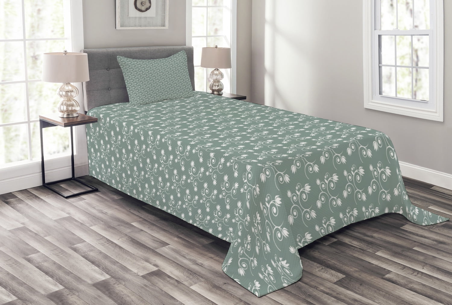 Twin White and Sage Green Quilted Bedspread Set