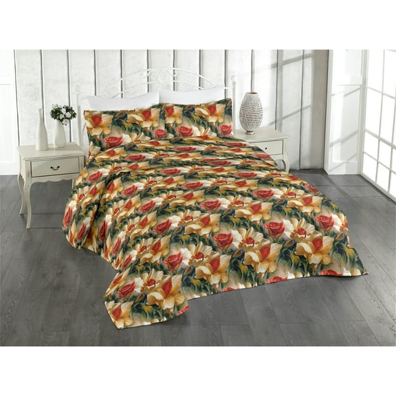 Ambesonne Vintage Floral Quilted Bedspread Set 3 Pcs, Abstract Roses Wild, King, Dark Green and Orange