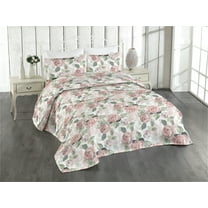 Ambesonne Vintage Floral Quilted Bedspread Set 3 Pcs, English Roses Print, King, Blush and Sage Green