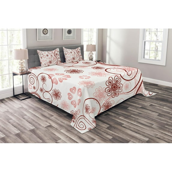 Ambesonne Vintage Floral Quilted Bedspread Set 3 Pcs, Flowers Bold Lines, King Size, Pale Pink Ruby White