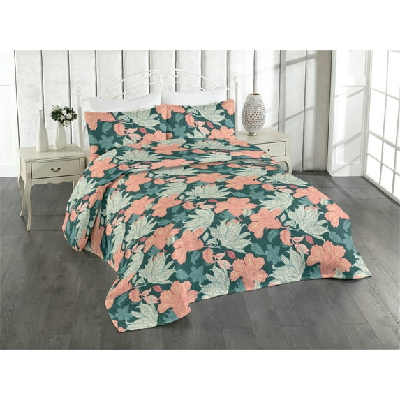 Ambesonne Vintage Floral Quilted Bedspread Set 3 Pcs, Flowers Cottagecore, Twin, Dark Teal Coral