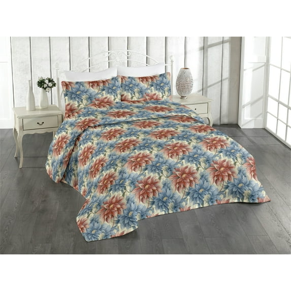 Ambesonne Vintage Floral Quilted Bedspread Set 3 Pcs, Nostalgic Petals Art, King, Blue Grey Pale Maroon