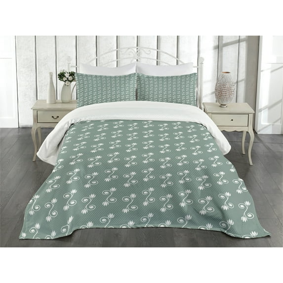 Ambesonne Vintage Floral Quilted Bedspread Set 3 Pcs, Tulips Feminine, King Size, Pale Sage Green White