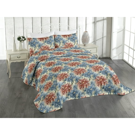 Ambesonne Vintage Floral Quilted Coverlet 3 Pcs, Nostalgic Petals Art, Queen Size, Blue Grey Pale Maroon