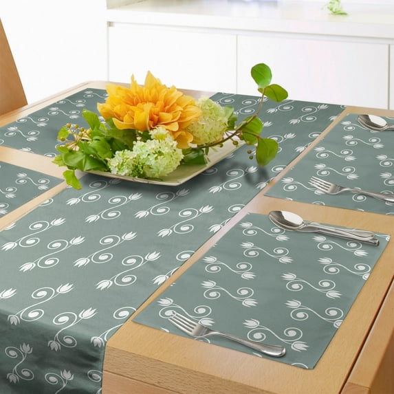 Ambesonne Vintage Floral Table Runner & Placemats, Tulips Feminine, Placemat 4 pcs + Runner 12"x72", Pale Sage Green White