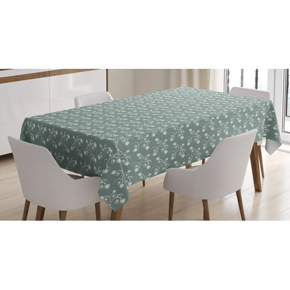 Ambesonne Vintage Floral Tablecloth Rectangular Table Cover, Tulip Twigs Buds, 52"x70", Pale Sage Green White