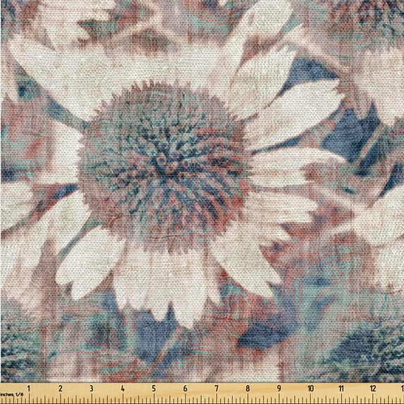 Ambesonne Vintage Flower Fabric by the Yard Upholstery, Weathered Look Bloom, 3 Yards, Slate Blue Pale Rust