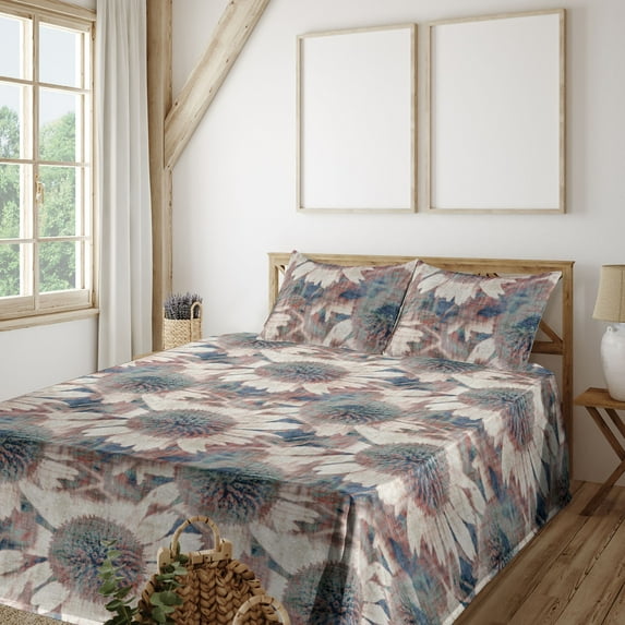 Ambesonne Vintage Flower Fitted & Flat Sheet with Shams 4 Pcs Set, Weathered Look Bloom, Full, Slate Blue Pale Rust