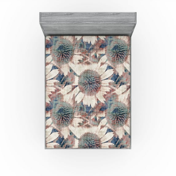 Ambesonne Vintage Flower Fitted Sheet, Weathered Look Bloom, King Size, Slate Blue Pale Rust