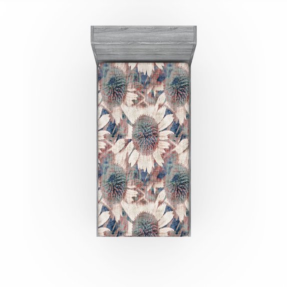 Ambesonne Vintage Flower Fitted Sheet, Weathered Look Bloom, Twin XL Size, Slate Blue Pale Rust