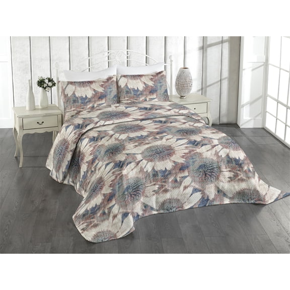 Ambesonne Vintage Flower Quilted Coverlet 3 Pcs, Weathered Look Bloom, Queen Size, Slate Blue Pale Rust