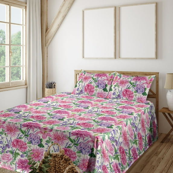 Ambesonne Vintage Flowers Fitted & Flat Sheet with Sham 3 Pcs Set, Chrysanthemum Art, Twin XL, Hot Pink Fern Green Cream