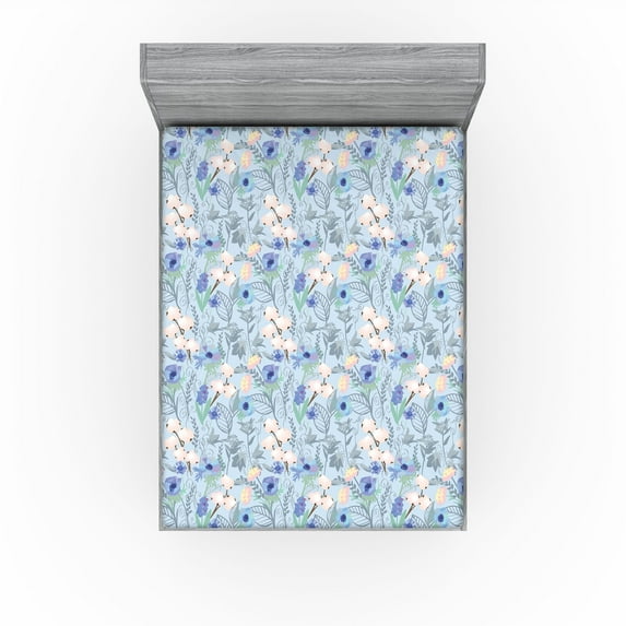 Ambesonne Vintage Flowers Fitted Sheet, Art Japanese Floral, California King, Pale Blue Pale Peach