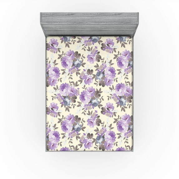 Ambesonne Vintage Flowers Fitted Sheet, Nostalgic Flowers, California King, Lavender Champagne
