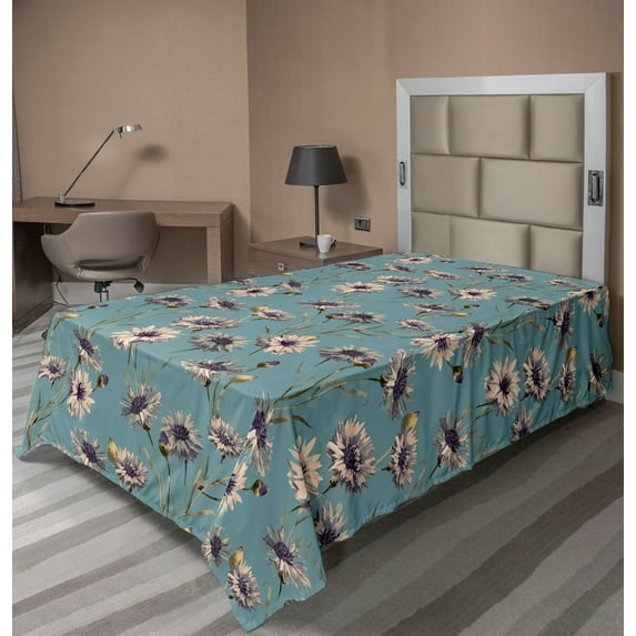 Ambesonne Vintage Flowers Flat Bedding Sheet Soft Top Sheet, Cornflowers Print, Twin XL, Cadet Blue Plum and Camel