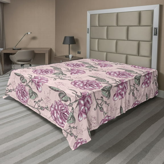 Ambesonne Vintage Flowers Flat Bedding Sheet Soft Top Sheet, Sketch Blooms Rose, California King, Reseda Green Pale Pink