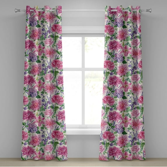 Ambesonne Vintage Flowers Grommet Curtain, Chrysanthemum Art, 50"x72", Hot Pink Fern Green Cream