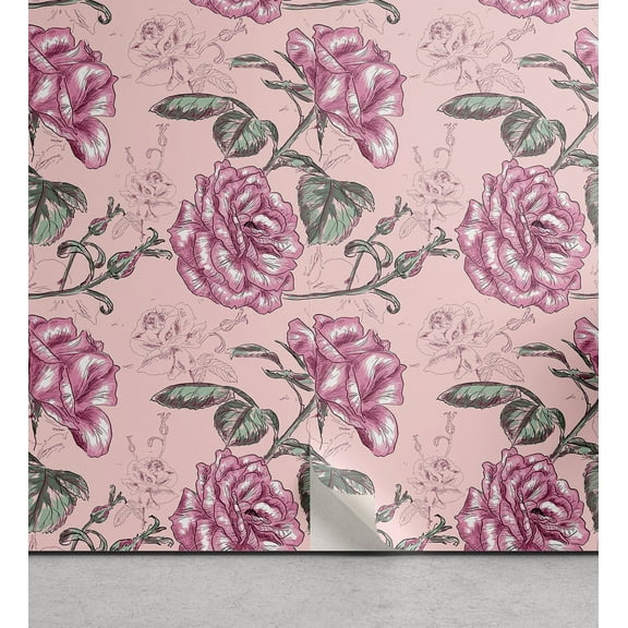 Ambesonne Vintage Flowers Peel & Stick Wallpaper for Home, Sketch Blooms Rose, 13"x72", Reseda Green Pale Pink