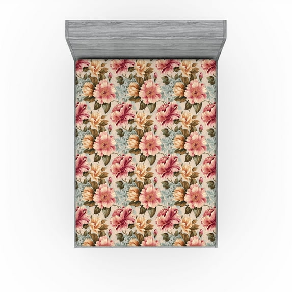 Ambesonne Vintage Garden Fitted Sheet, Botany Print Meadow, Full Size, Pink Almond and Green Brown