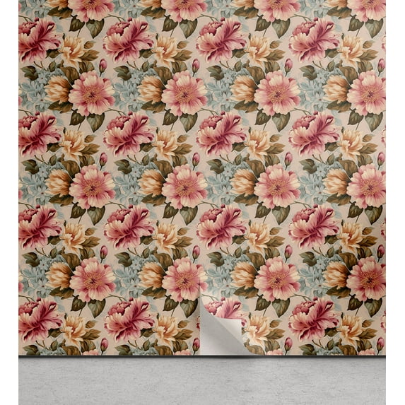 Ambesonne Vintage Garden Peel & Stick Wallpaper for Home, Botany Print Meadow, 13"x72", Pink Almond and Green Brown