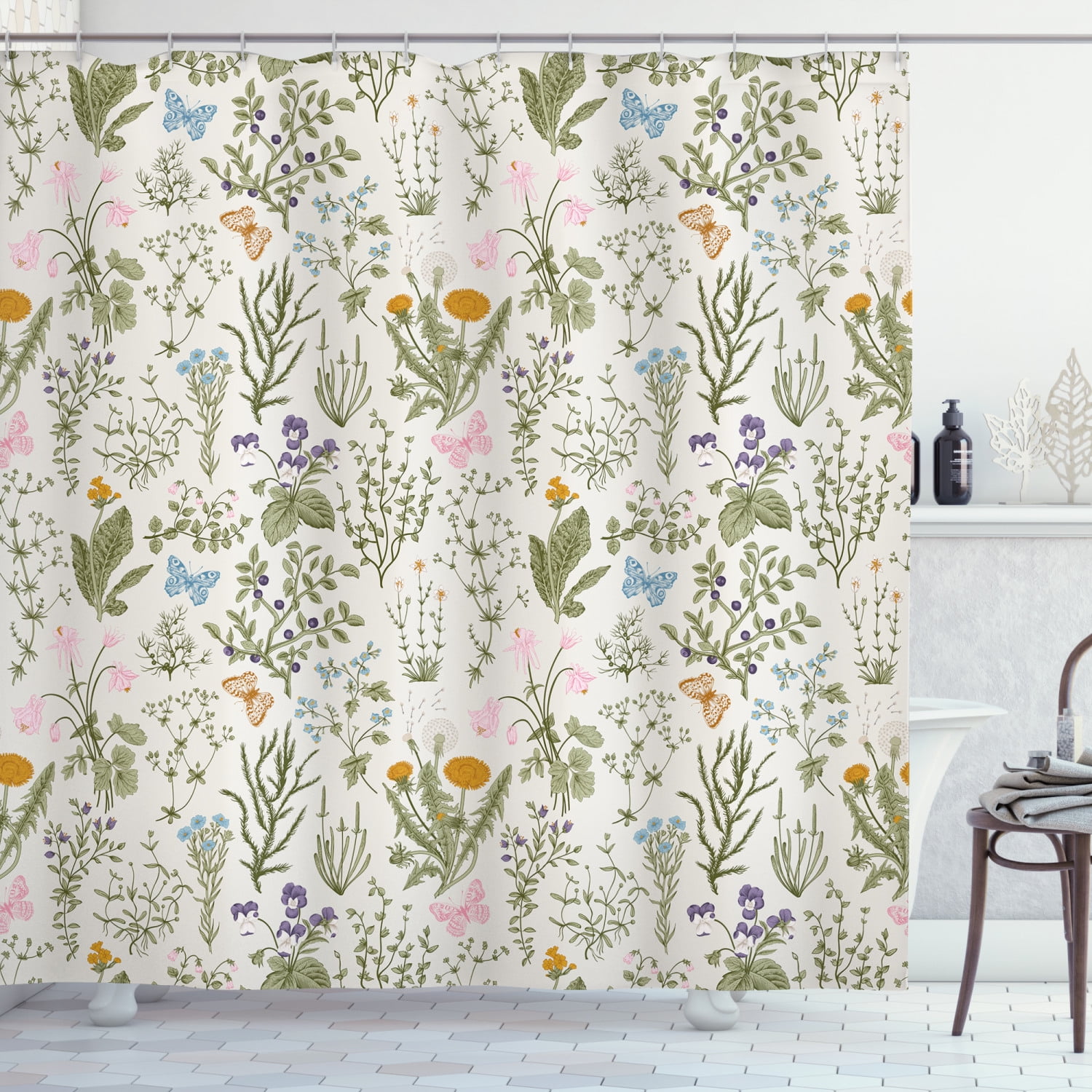 Green Botanical Floral Fabric Shower Curtain with Hooks