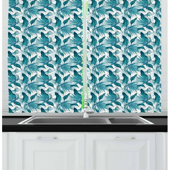 Ambesonne Vintage Green Kitchen Curtains, Tropical Palm Leaves, 55"x45", Petrol Blue Aqua