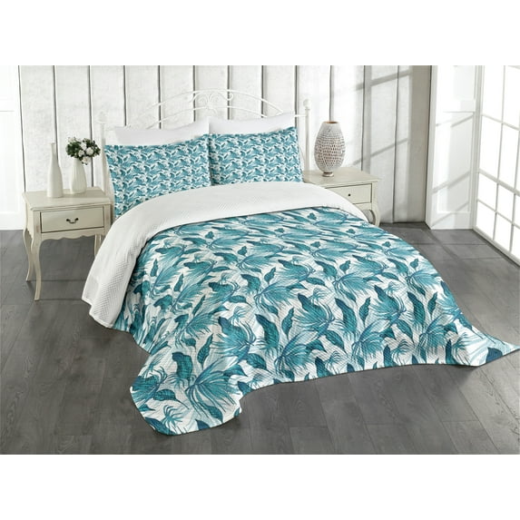 Ambesonne Vintage Green Quilted Bedspread Set 3 Pcs, Tropical Palm Leaves, King Size, Petrol Blue Aqua
