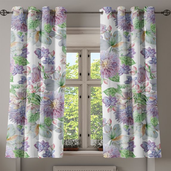 Ambesonne Vintage Grommet Curtain, Alstroemeria Flowers Leaves, 50"x60", Peacock Green and Pale Purple