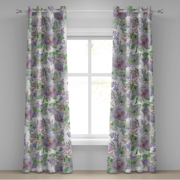 Ambesonne Vintage Grommet Curtain, Alstroemeria Flowers Leaves, 50"x72", Peacock Green and Pale Purple