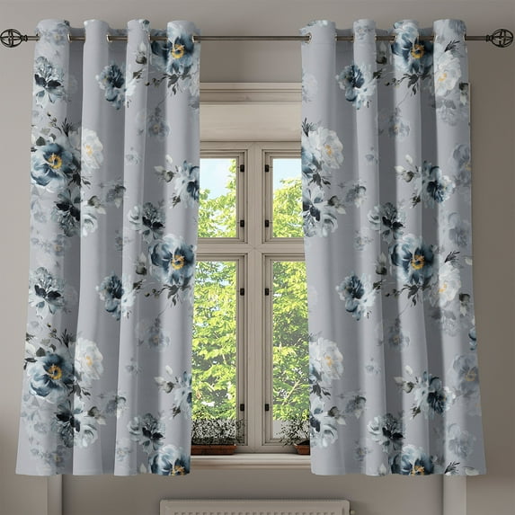Ambesonne Vintage Grommet Curtain, Art Flowers Romantic Summer, 50"x60", Pale Blue Grey and Marigold