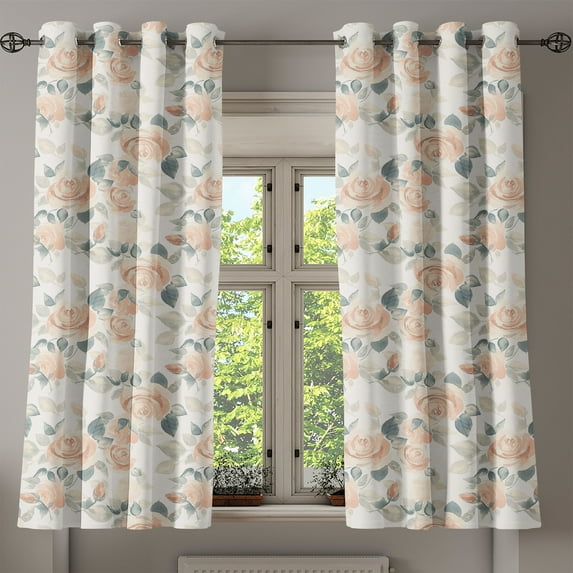 Ambesonne Vintage Grommet Curtain, Art Nostalgia Roses Leaves, 50"x63", Pale Peach Laurel Green