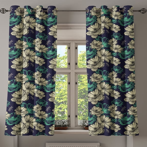 Ambesonne Vintage Grommet Curtain, Blossoms Dragonflies, 50" x 63", Mint Green and Dark Blue