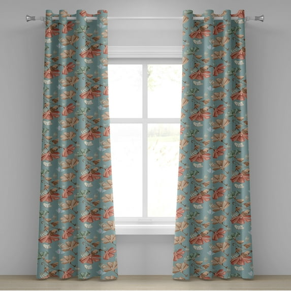 Ambesonne Vintage Grommet Curtain, Butterfly Retro Flowers Art, 50"x120", Pale Teal Umber and Salmon