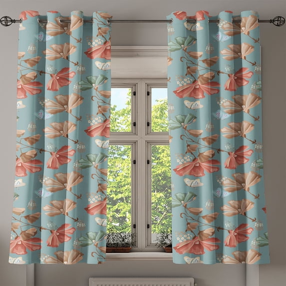 Ambesonne Vintage Grommet Curtain, Butterfly Retro Flowers Art, 50"x60", Pale Teal Umber and Salmon