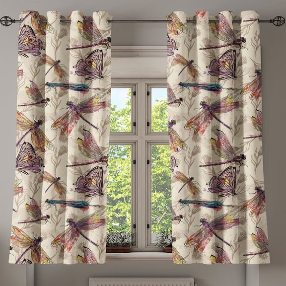 Ambesonne Vintage Grommet Curtain, Colorful Dragonflies Art, 50"x60", Pale Purple and Sky Blue