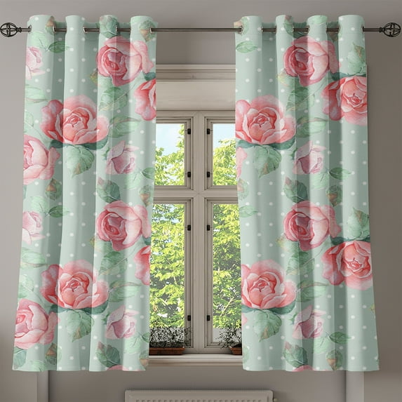 Ambesonne Vintage Grommet Curtain, English Garden Retro Art, 50"x60", Pale Almond Green and Pink