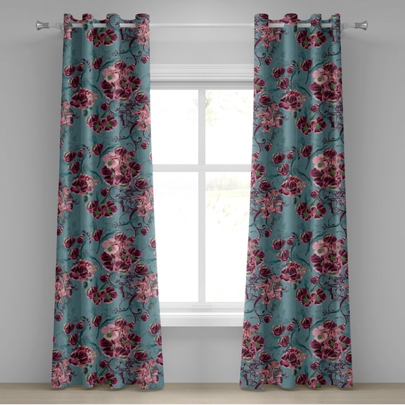 Ambesonne Vintage Grommet Curtain, Flowers Leaves Repetitive, 50"x84", Olive Green Dark Coral