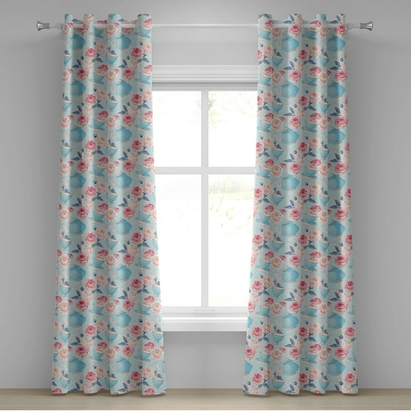 Ambesonne Vintage Grommet Curtain, Flowers Roses Teapot, 50" x 72", Pale Blue Pale Pink