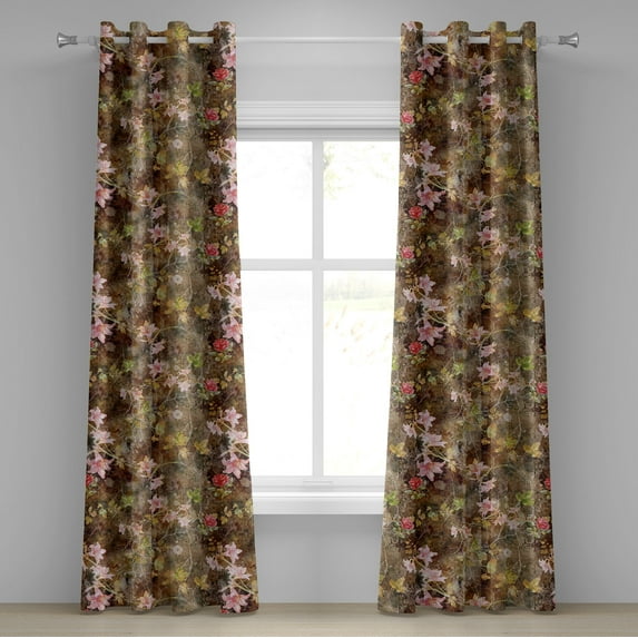 Ambesonne Vintage Grommet Curtain, Grunge Floral Ornament Rose, 50"x120", Caramel Coral and Mustard
