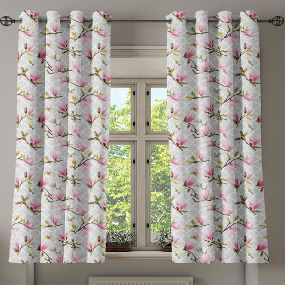 Ambesonne Vintage Grommet Curtain, Magnolia Flower Pattern, 50" x 54", Pale Pink Pale Grey