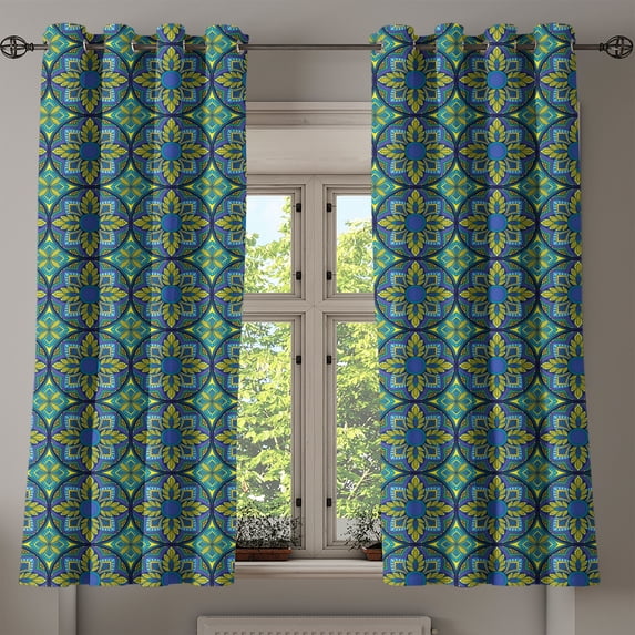 Ambesonne Vintage Grommet Curtain, Mosaic Tiles Pattern, 50" x 63", Cobalt Blue Apple Green