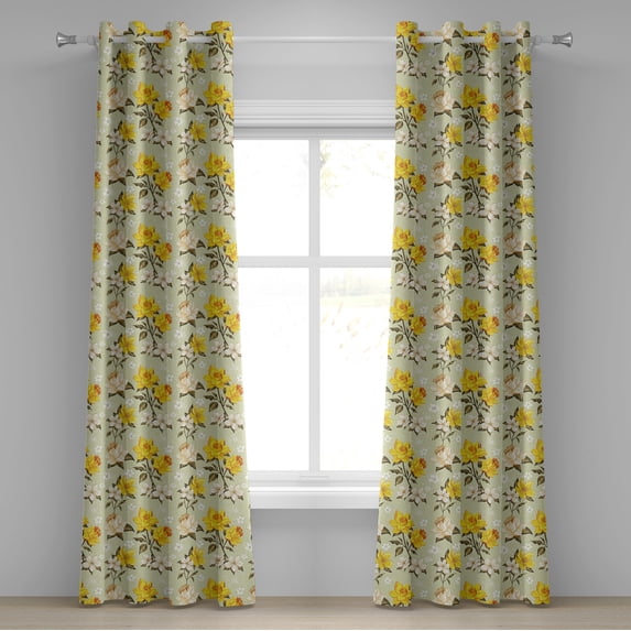 Ambesonne Vintage Grommet Curtain, Narcissus Wildflowers, 50" x 84", Yellow Cream Pale Green