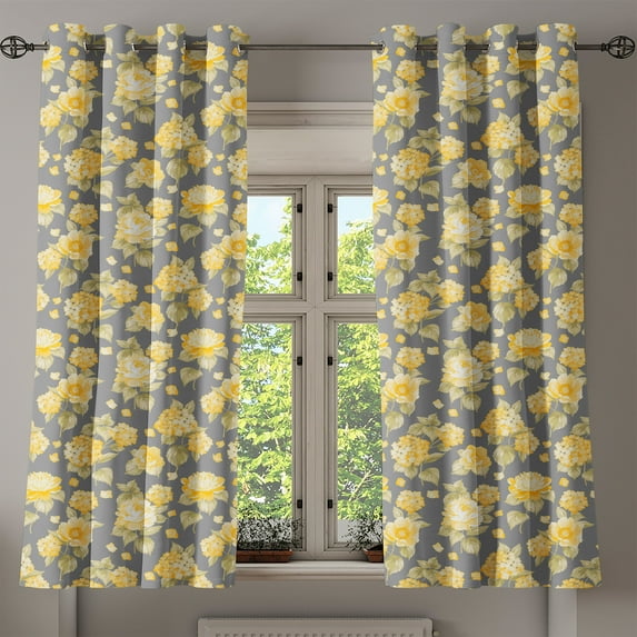 Ambesonne Vintage Grommet Curtain, Old Hydrangea Flowers, 50" x 54", Yellow Grey Green